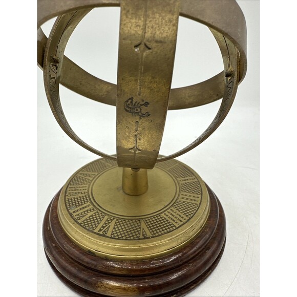 Vintage Brass Arrow Globe Armillary Sphere Nautical Desk Office Wood Base 6.5” - Picture 10 of 16